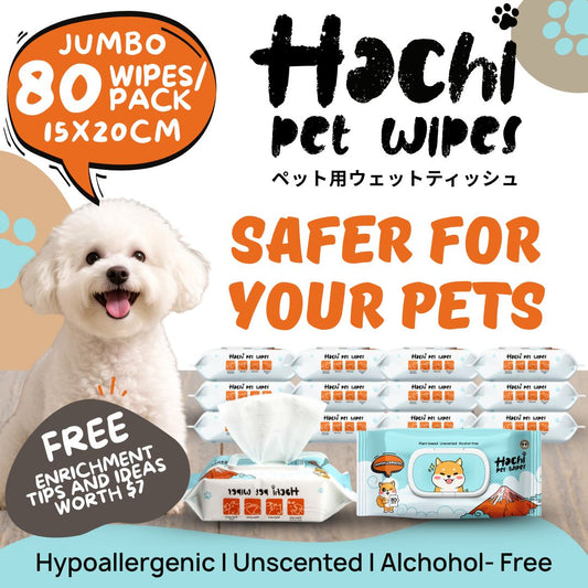 ✅[SG] HACHI Pet Wet Wipes | 12 Packs | 80 Super Jumbo 15x20CM Sheets Per Pack ★ Hypoallergenic | Plant-Based | Unscented | Alcohol-Free ★