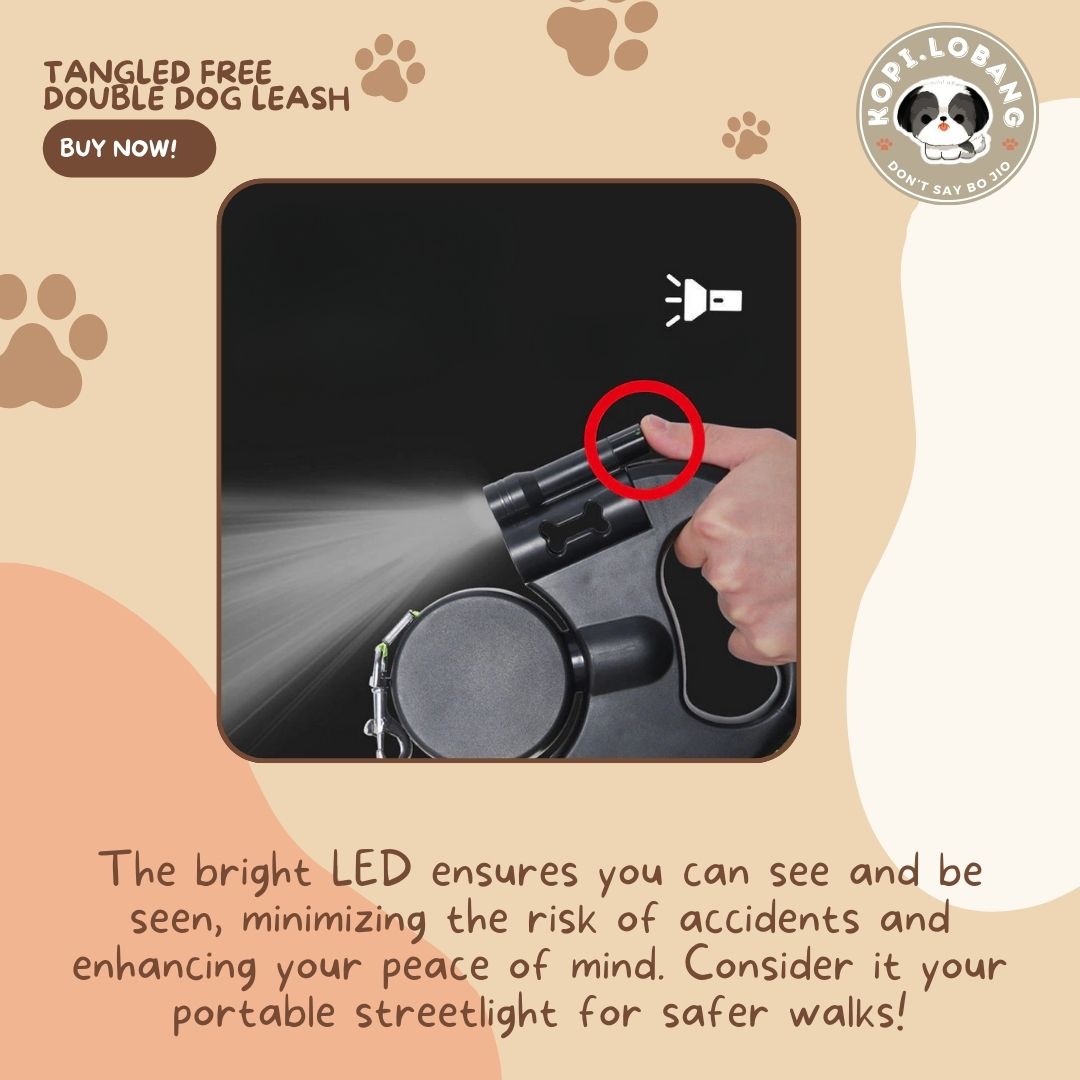 ✅[SG] Double Retractable Dog Leash – Tangle-Free for 2 Dogs with LED Light & Waste Bag Holder